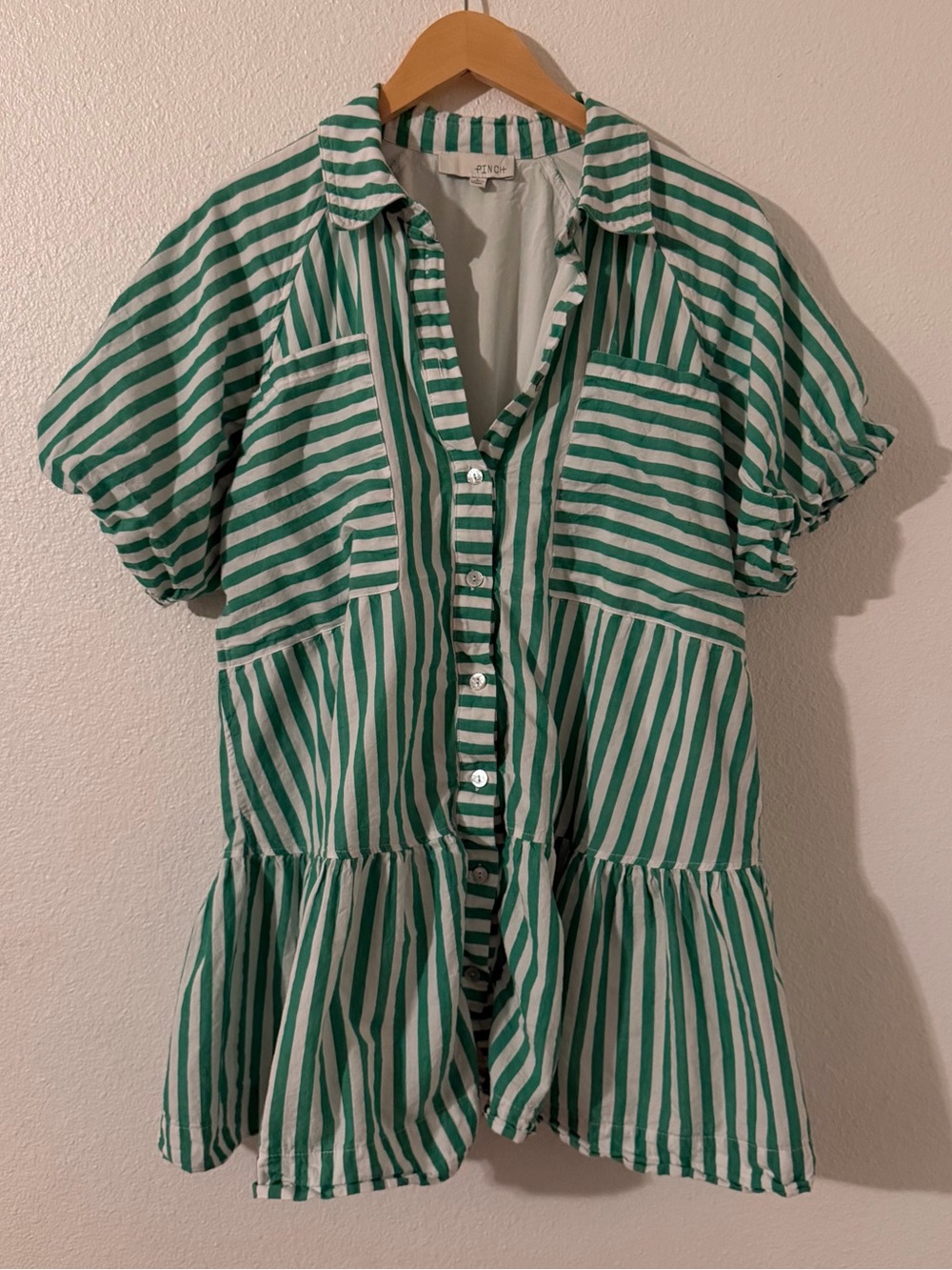 Pinch Anthropologie Womens Mini Shirt Dress Short Sleeve Green Stripe Size Large